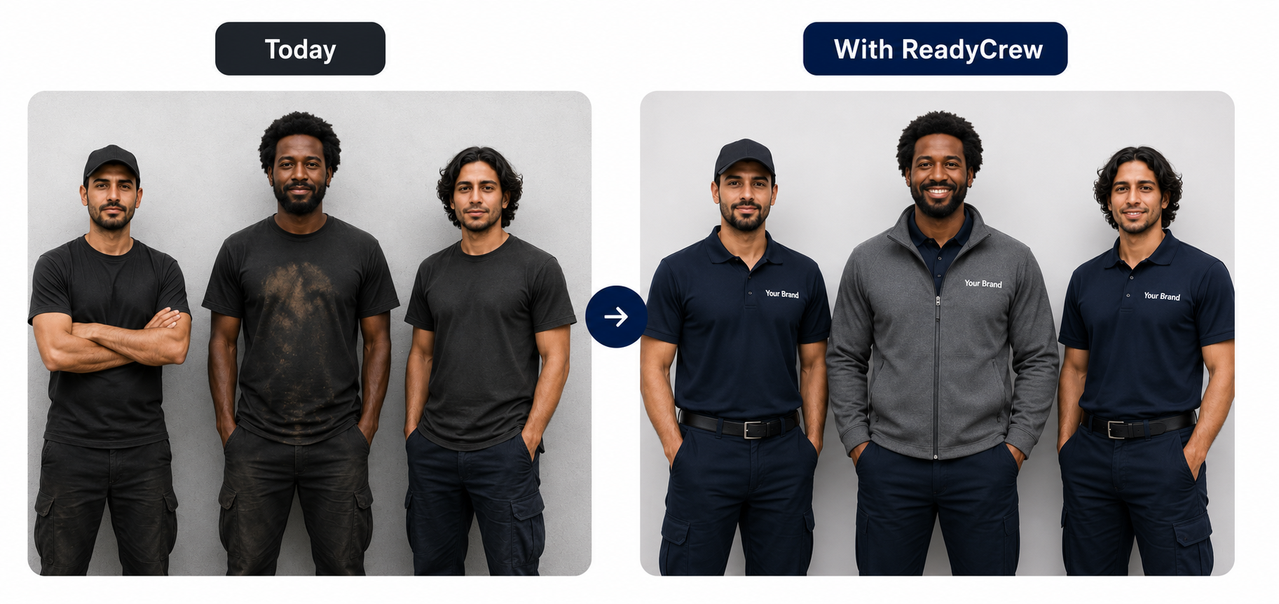 A field-service crew today in mismatched, worn-out clothes, transformed into a sharp, matching, branded crew with ReadyCrew
