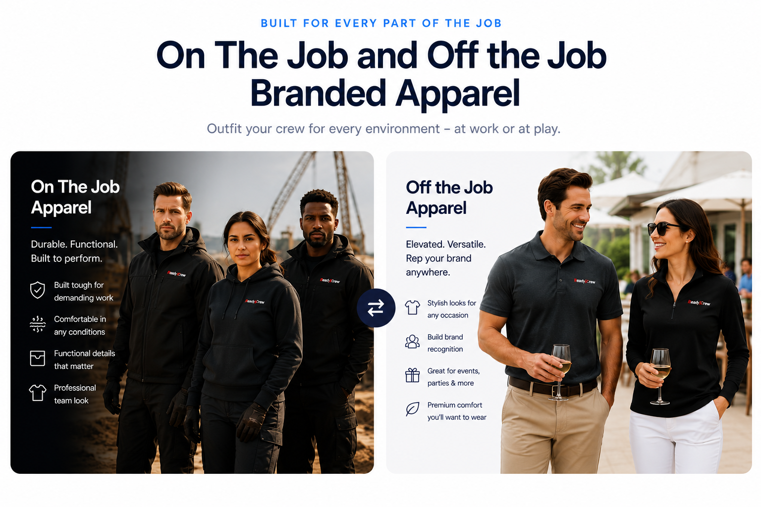 On The Job apparel — a crew in durable, branded workwear on a job site — and Off the Job apparel — the same brand worn as elevated, versatile casual wear at social occasions.
